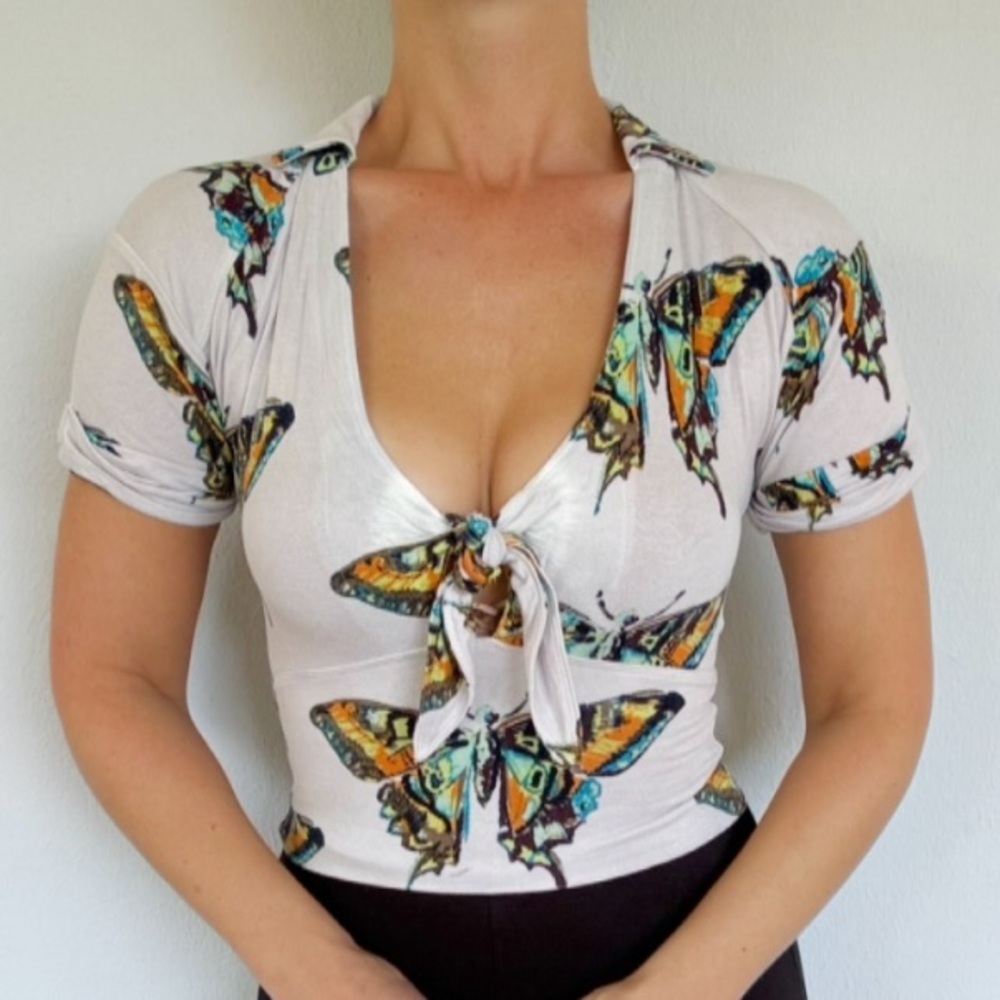 Free People silver gray butterfly print tie front v-neck collared top size XS